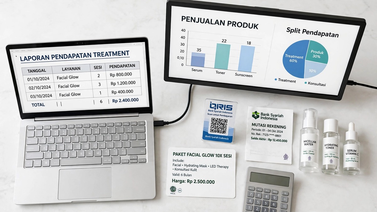 Meja kerja pembukuan klinik kecantikan: laporan pendapatan treatment dan penjualan produk, kartu paket facial glow 10 sesi, bukti deposit, log stok skincare, aturan komisi dokter dan terapis, mutasi bank syariah, dan QRIS pembayaran