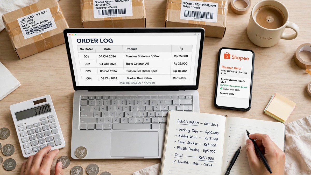 Flat lay meja kerja pemilik online shop sedang merapikan pembukuan: laptop menampilkan order log, buku catatan pengeluaran operasional, paket siap kirim JNE SiCepat, dan notifikasi pesanan marketplace di ponsel