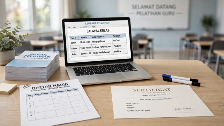 ALT: Meja guru lembaga pelatihan dengan daftar hadir dan modul kursus, ilustrasi pembukuan lembaga pelatihan Title: Contoh Pembukuan Lembaga Pelatihan Kursus