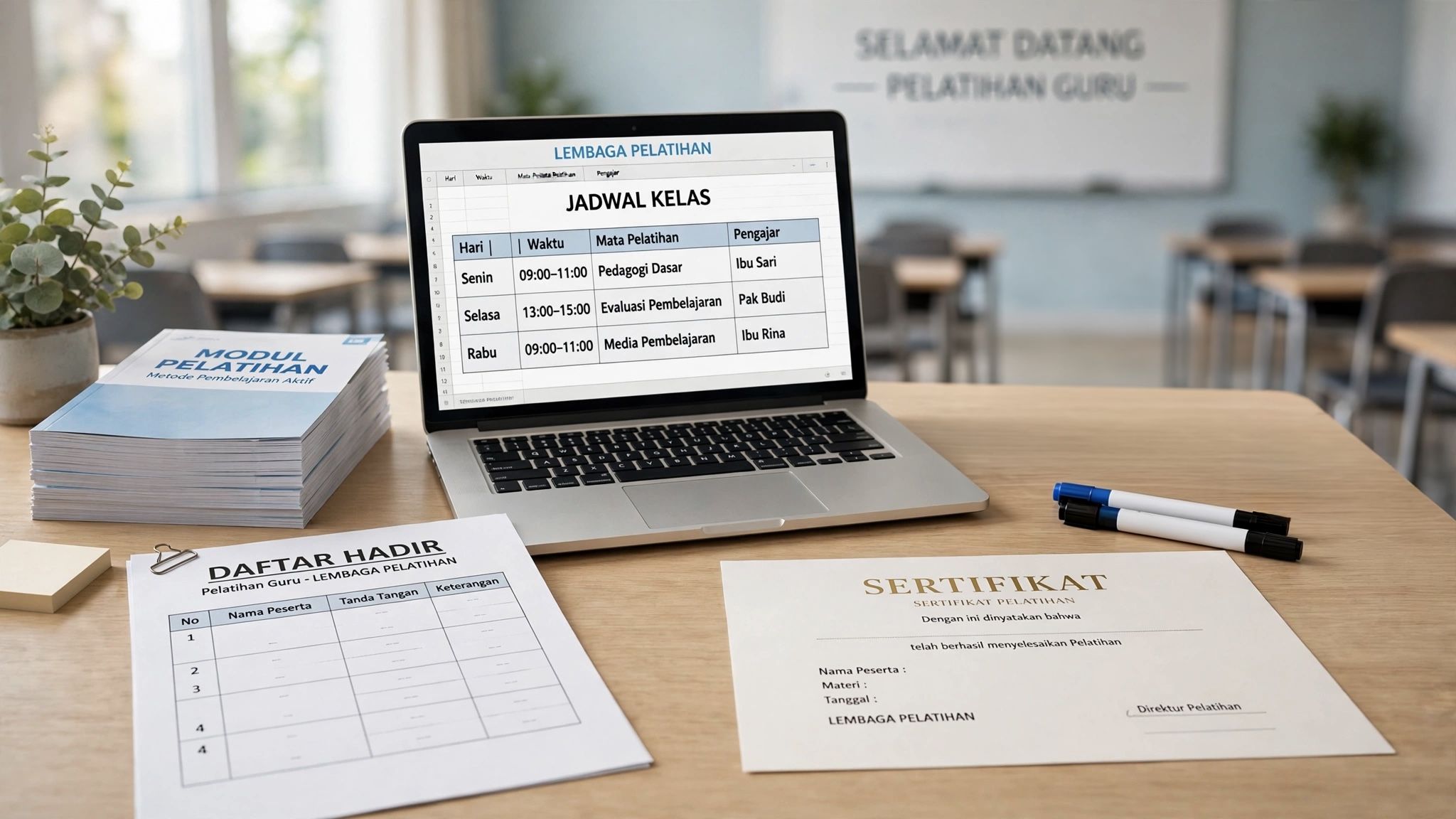 ALT: Meja guru lembaga pelatihan dengan daftar hadir dan modul kursus, ilustrasi pembukuan lembaga pelatihan Title: Contoh Pembukuan Lembaga Pelatihan Kursus
