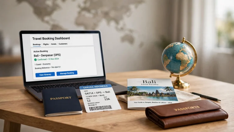 ALT: Meja kerja agen travel dengan paspor dan boarding pass, contoh pembukuan travel agen yang rapi Title: Pembukuan Travel Agen Rapi dan Terorganisir