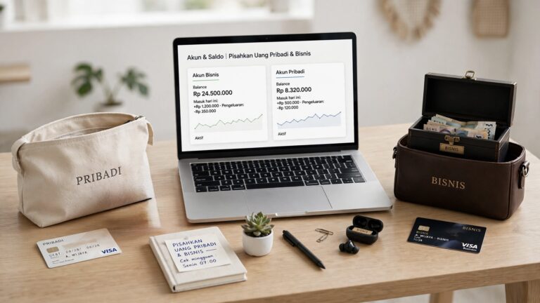 ALT: Meja dengan dua dompet terpisah bertuliskan PRIBADI dan BISNIS, ilustrasi cara memisahkan uang pribadi dan uang usaha Title: Pentingnya Memisahkan Uang Pribadi dan Bisnis UMKM