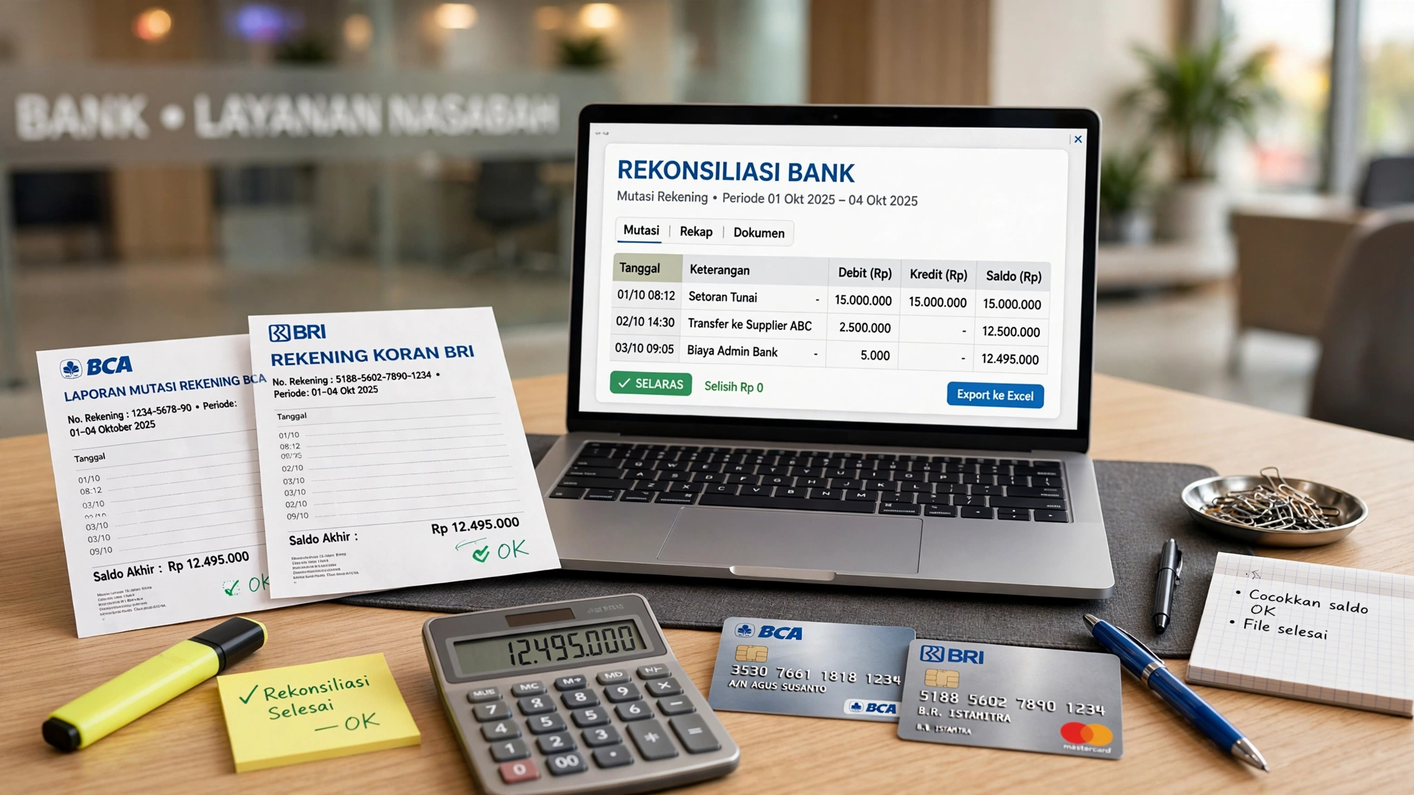 ALT: Meja rekonsiliasi bank dengan mutasi rekening BCA dan BRI serta kalkulator menunjukkan saldo selaras Rp 12.495.000 Title: Cara Rekonsiliasi Bank BCA dan BRI untuk UMKM